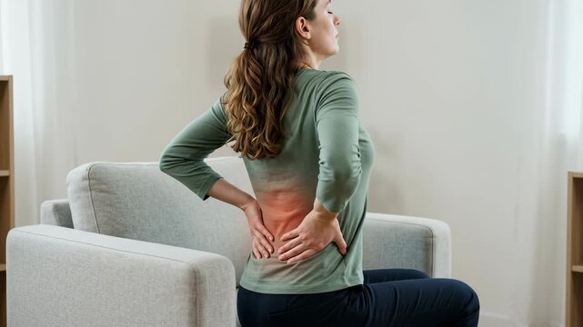 Woman sitting on sofa holding her lower back with red pain glow