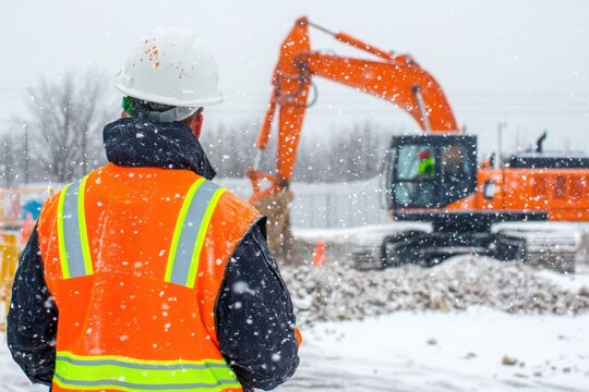 Construction worker wearing safety vest and helmet in snow