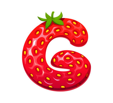 Cartoon strawberry, farm red berry ABC typeset, font letter G. Ripe plant typeset sign, farm strawberry English alphabet vector font symbol. Forest berry type garden fruit letter