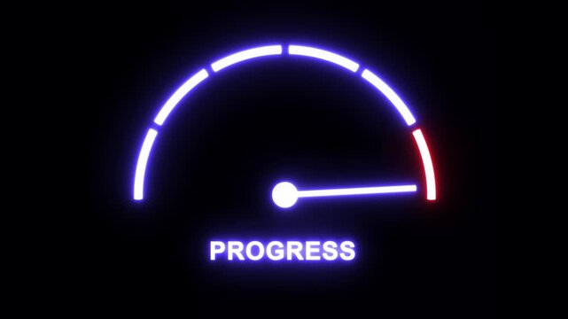 Neon glowing progress gauge meter animation with moving indicator needle for digital performance tracking, loading status, data analytics, business efficiency, and high-speed technology user interface