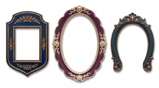 Vintage ornate picture frames set with gold filigree, elegant antique borders in navy blue and burgundy, luxury baroque photo frame collection for wedding invitations and gallery wall decor