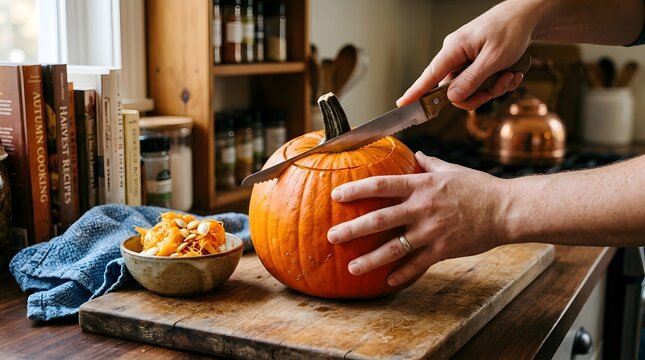 A captivating scene of someone meticulously carving a pumpkin preparing for the delightful festivities of halloween