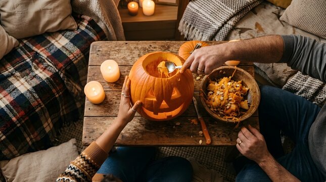 A cozy halloween scene of people carving pumpkins preparing for spooky festivities and autumn celebrations