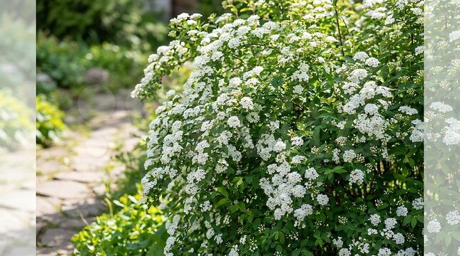 Small white flowers blooming on a lush green spirea shrub in a sunny spring garden during the daytime