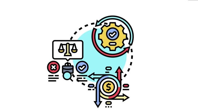 Business process flow icon strategic management, financial operations, decision making, and successful outcomes with a continuous cycle of improvement