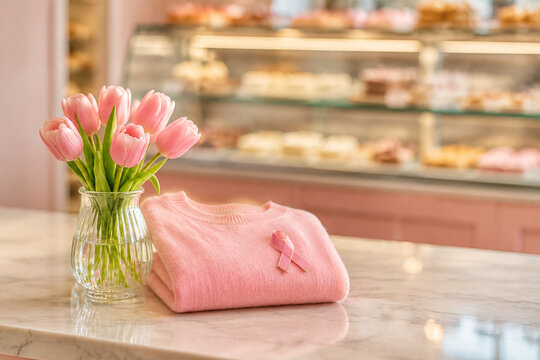 Pink tulips in vase beside folded pink sweater with ribbon pin, breast cancer awareness month still life concept