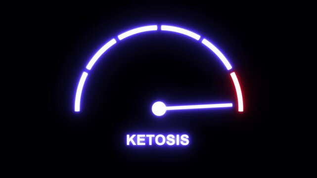 Dynamic ketosis progress gauge animation with glowing neon indicator needle moving toward optimal metabolic fat burning state for health, wellness, nutrition, and weight loss tracking digital
