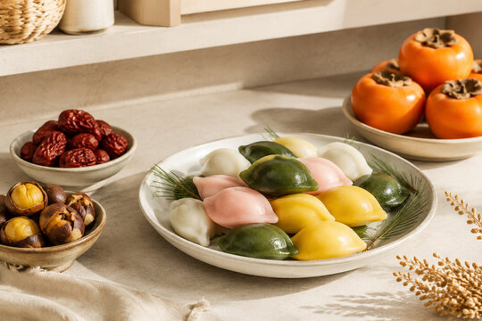 Ceramic plate of songpyeon with chestnuts, jujubes, persimmons, harvest season still life