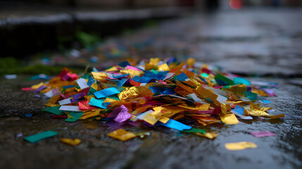Fototapeta premium Colorful metallic confetti scattered on wet pavement after a celebration. Macro shot of festival debris on a rainy city street.
