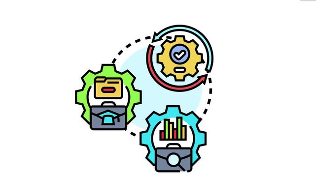 Business process documentation icon the structured cycle of organizing, analyzing, and improving operational workflows with data, folders, and a briefcase