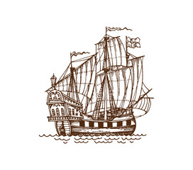 Vintage pirate sail ship, galleon warship sketch. Medieval european fleet caravel isolated vector engraving, pirate galleon vessel pirate map element. Historical sail ship hand drawn sketch or drawing © Seavector