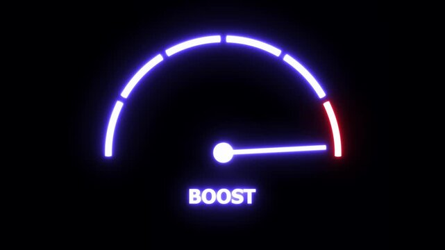 Dynamic neon boost speedometer gauge animation featuring glowing blue and red progress indicator for high-performance metrics, digital marketing growth, business acceleration, and technology