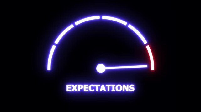 Neon glowing expectations gauge meter animation showing rising performance levels and increasing business targets for corporate strategy presentations, financial growth analysis, and motivational