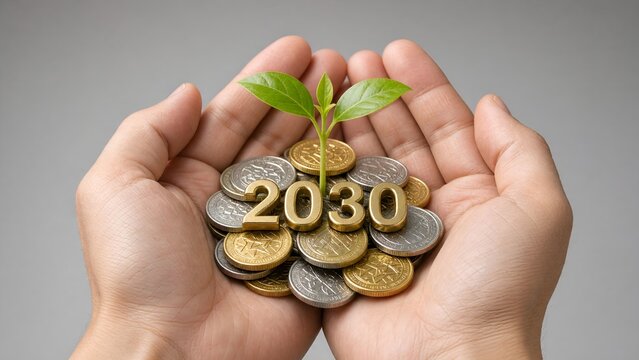 Hands Holding Coins with a Small Plant and the Year 2030 Representing Sustainable Growth