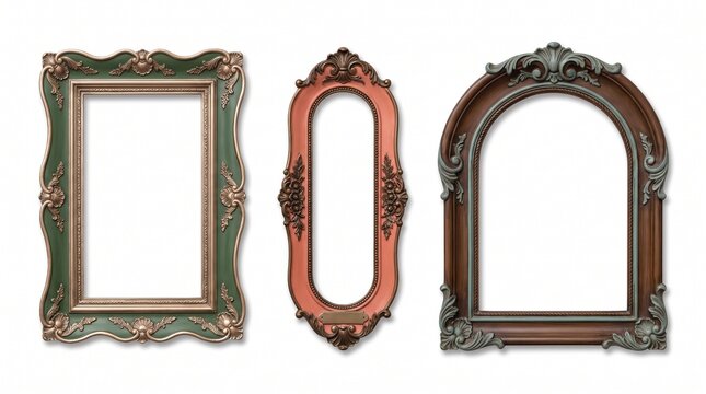 Ornate vintage picture frames in green, pink and brown, oval arch set