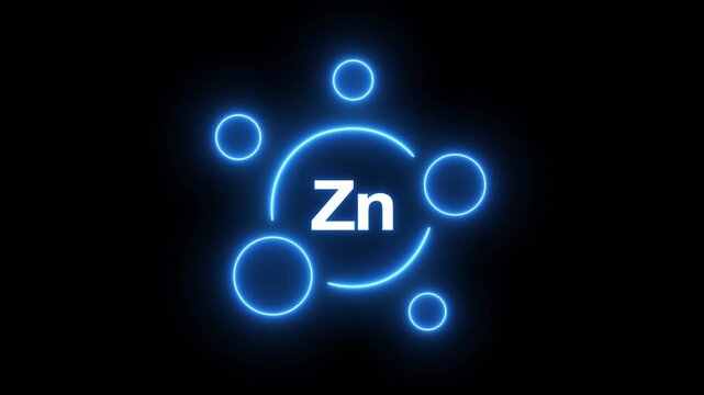 Zn, zinc for healthcare - vitamin complex .Neon  zinc chemical symbol glowing atomic structure animation on black background, chemical periodic table