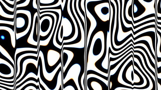 Liquid zebra waves ripple and distort in a trippy op art 3D animation forming a high contrast monochrome motion background for dj sets and psychedelic visuals