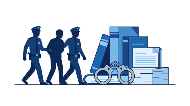 Elegant of Police Officers Escorting a Suspect with Handcuffs and Legal Documents Stacked in with high quality professional line art symbols for modern creative design and digital branding projects