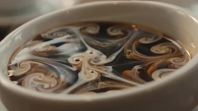 Close-up of cream slowly pouring and blooming into a cup of dark coffee. Swirling white milk patterns mixing with hot espresso. Morning beverage preparation and cafe culture concept