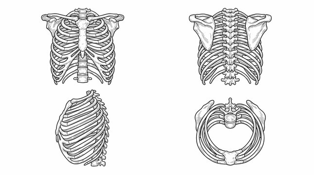 Anatomical illustration of the human rib cage in four different views for detailed medical education and skeletal structure reference