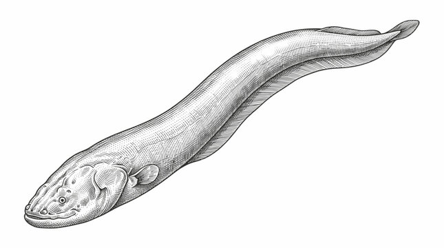 Detailed pencil sketch illustration of an electric eel isolated on white background showing anatomical features and long slender body shape