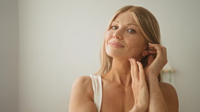 Woman touching her face with hands in a bright studio, smiling while adjusting a white tanktop strap at the neckline and touching her cheek; serenity.
