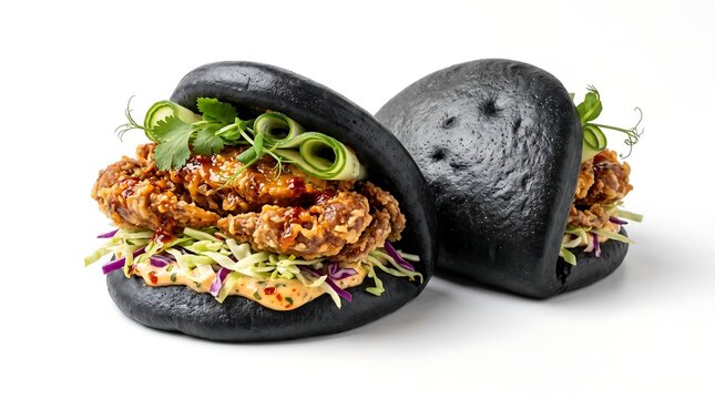 Two delicious black bao buns filled with crispy fried chicken, fresh coleslaw, and garnished with cilantro and cucumber slices, presented on a white background.