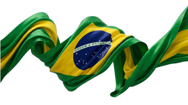 A dynamically rendered depiction of the brazilian national flag gracefully waving in the wind showcasing its vibrant colors and symbolic representation isolated on transparent background