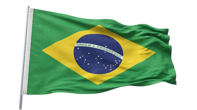 A beautiful digitally created rendering of the brazilian national flag gracefully waving and displaying its iconic green yellow and blue colors on a clear backdrop
