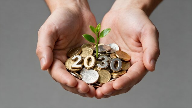 Sustainable Financial Growth Goals Concept with a Young Plant Growing from Coins by 2030