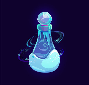 Cartoon magic potion bottle, alchemy elixir and Halloween witchcraft ice frost spell. Freezing magic glass potion bottle or cartoon vector witch spell vial with icicles, snow and spinning snowflakes