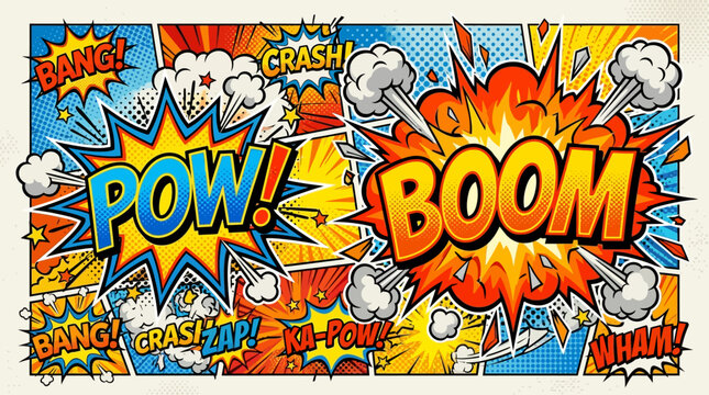 Comic book style background with 'POW!' and 'BOOM!' sound effects, explosions, and speech bubbles, vibrant and dynamic.