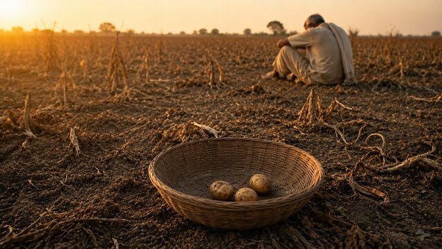 Distressed Farmer in Barren Field with Minimal Harvest Depicting Agricultural Crisis and Drought Impact