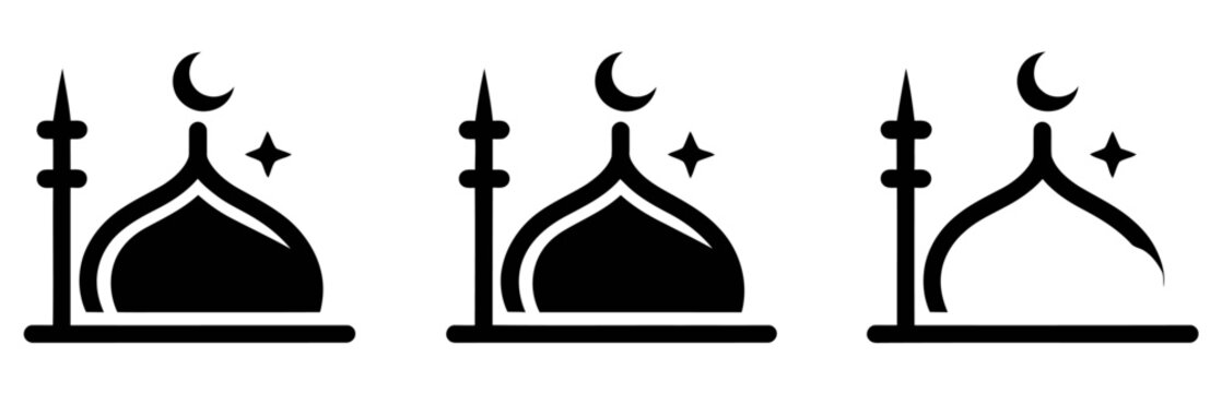 Minimalist mosque vector graphic icons featuring crescent moon and dome shape