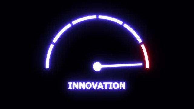 Dynamic neon innovation gauge dashboard featuring a glowing digital speedometer needle moving across a futuristic progress scale for high-tech business growth, creative development, and data analysis