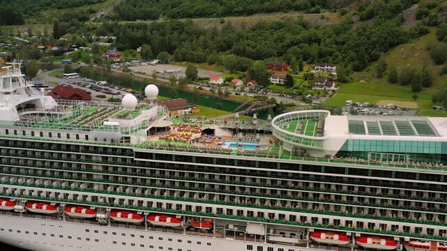 Aerial view of Flam village with cruise ship in Aurlandsfjord, Norway.