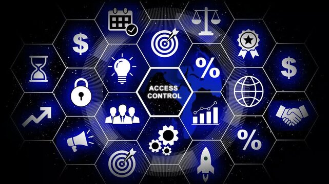 Digital access control system concept featuring animated hexagonal infographic interface with global network security cybersecurity data protection and modern corporate technology visualization