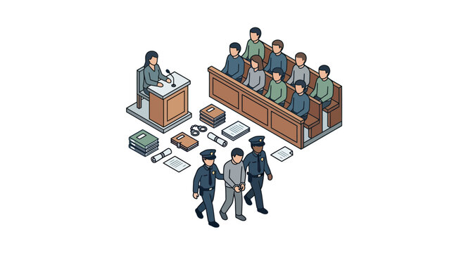 Corporate Isometric of Courtroom Scene with Judge Defendants Policemen and Legal Documents with high quality professional line art symbols for modern creative design and digital branding projects