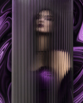 A mysterious woman with dark hair and purple lips peers through vertical lines of glass on a swirling purple abstract background