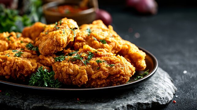 A serving platter of crispy fried chicken positioned at the edge of a large limestone slab leaving dramatic advertising copy space