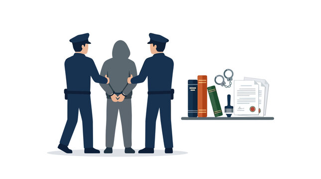 Dynamic of Two Police Officers Escorting a Handcuffed Suspect with Legal Documents and Books with high quality professional line art symbols for modern creative design and digital branding projects