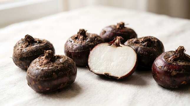 Close-up of fresh whole and cut water chestnuts showcasing their white interior on a textured light fabric background