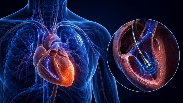 3D Medical Visualization of Cardiac Ablation Procedure with Catheter in Human Heart Anatomy and Circulatory System