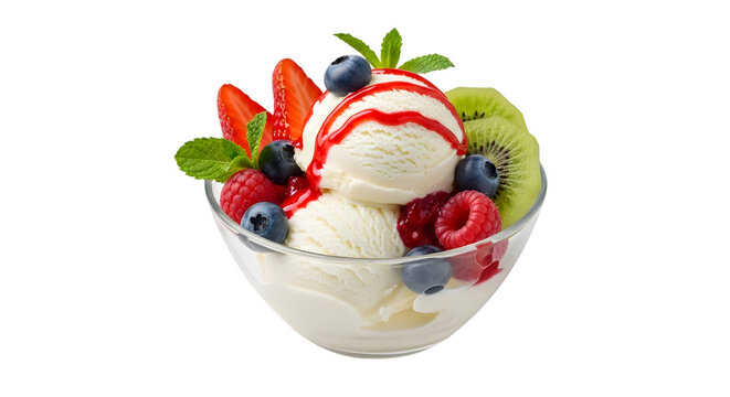 A delightful bowl of vanilla ice cream adorned with fresh berries and kiwi isolated on transparent background