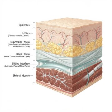 Layers of fascia connective tissue and myofascial anatomy in the human body. Both superficial and deep fascia are illustrated.