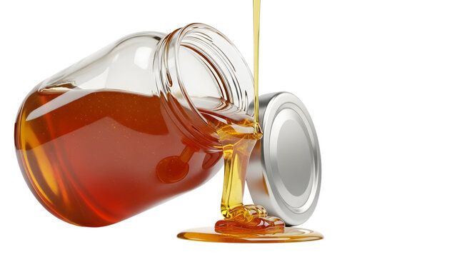 Golden honey pouring from a glass jar with a metallic lid beautifully isolated on transparent background