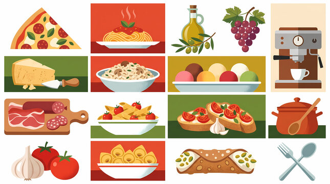 Italian Traditional Cuisine and Cooking Flat Vector Illustration Set with Pizza, Pasta, Gelato, Espresso, and Charcuterie