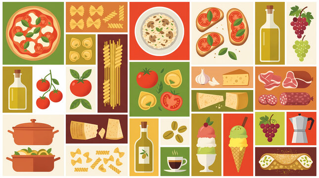 Italian Traditional Cuisine and Cooking Ingredients Flat Vector Illustration Set with Pizza, Pasta, Gelato, and Charcuterie