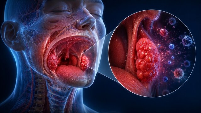 Anatomical 3D Illustration of Tonsillitis and Tonsil Stones with Microscopic View of Throat Infection