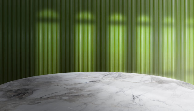 Green striped smooth wood plank wall with windows shadow and granite or marble rounded table, table or pedestal that displaying object